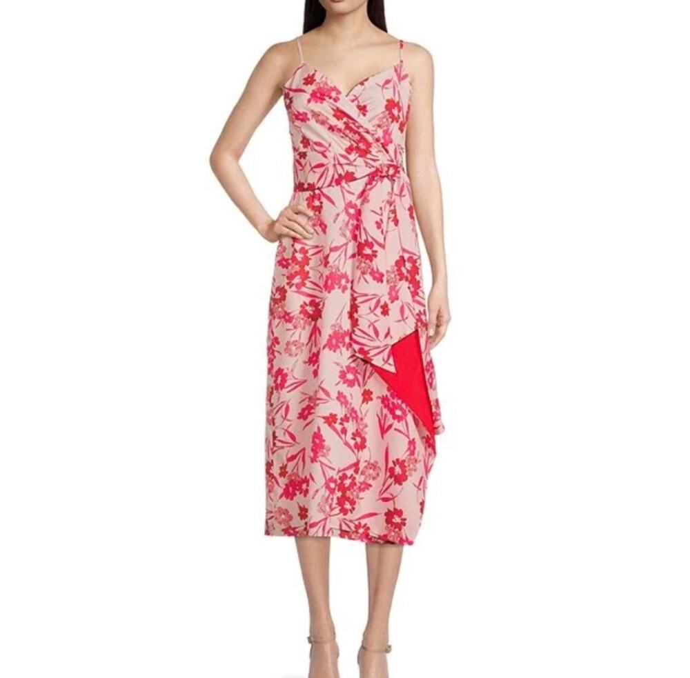 Belle Badgley Mischka Pink Red Floral Sleeveless Midi Dress - Womens Size 10 EUC